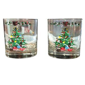 Christmas Tree Rocks Glasses Set Of 2 Whiskey Old Fashioned Barware Gift Vintage